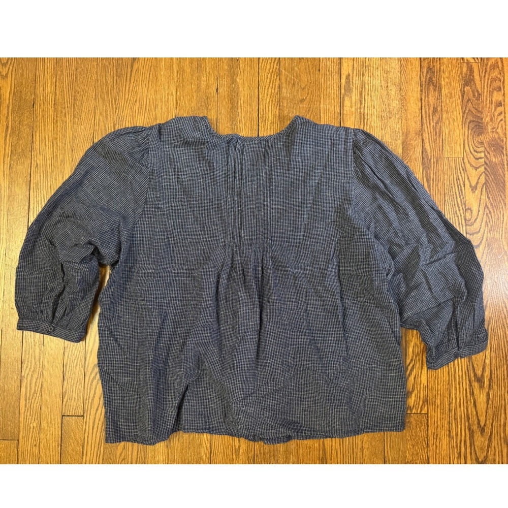 Levis Womens XL Navy Blue Micro Check Pintuck Button Front Puff Sleeve Blouse - Picture 5 of 7